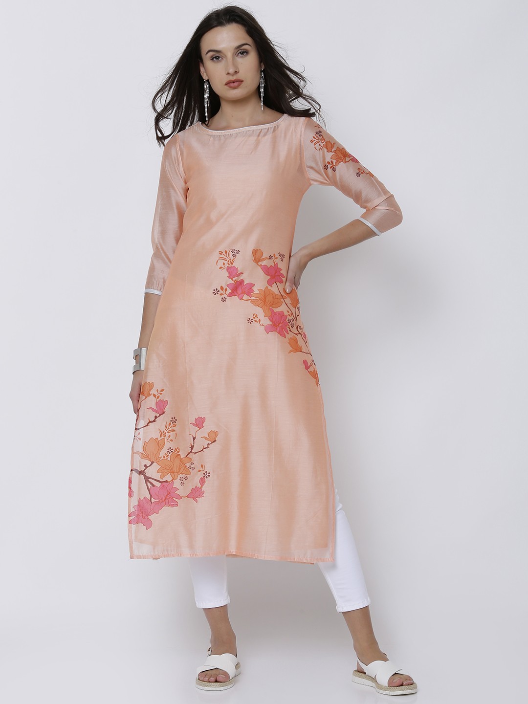 

Vishudh Women Peach-Coloured Printed Straight Kurta