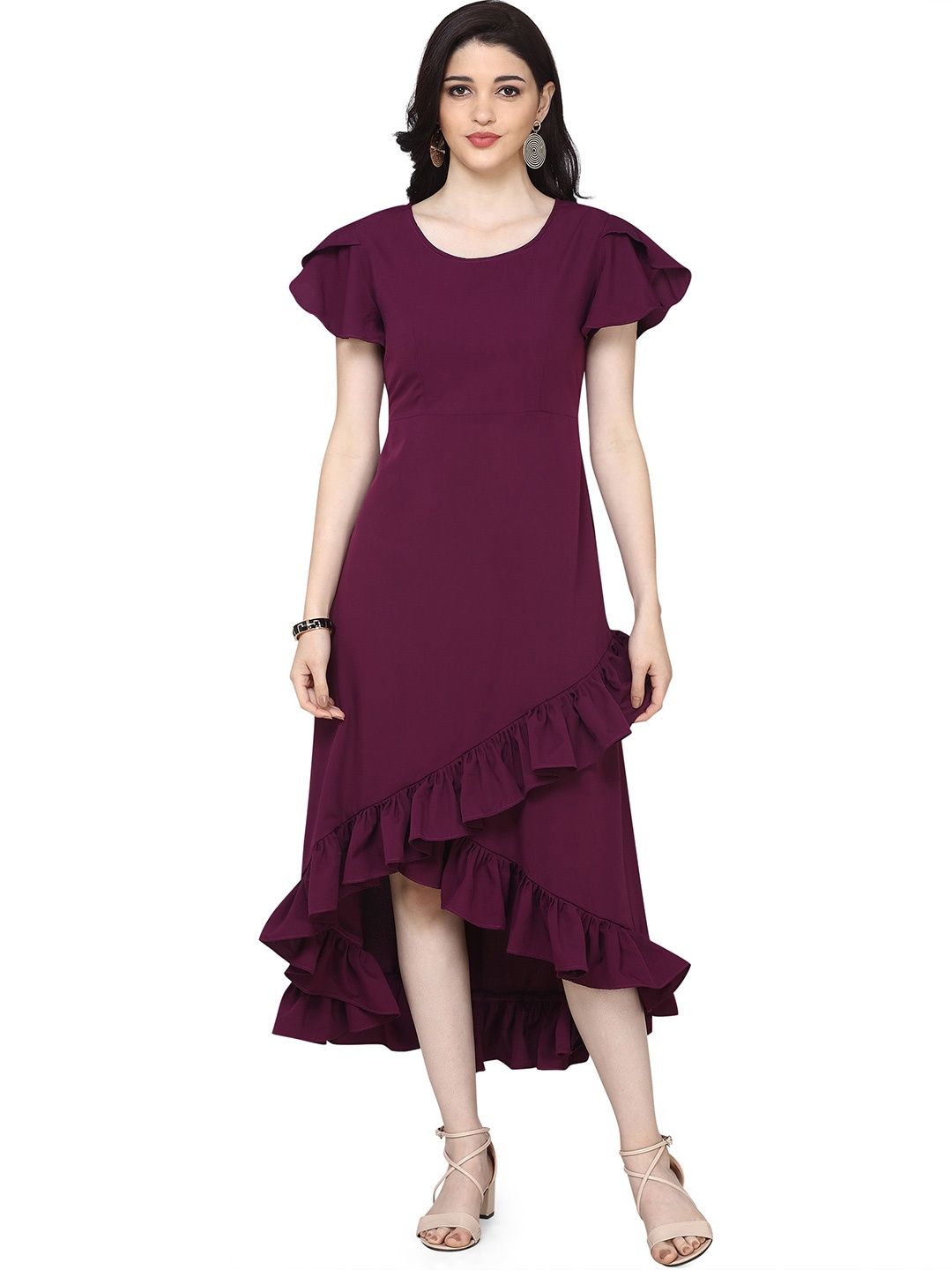 

BAESD Flutter Sleeves Ruffled Crepe A-Line Dress, Purple