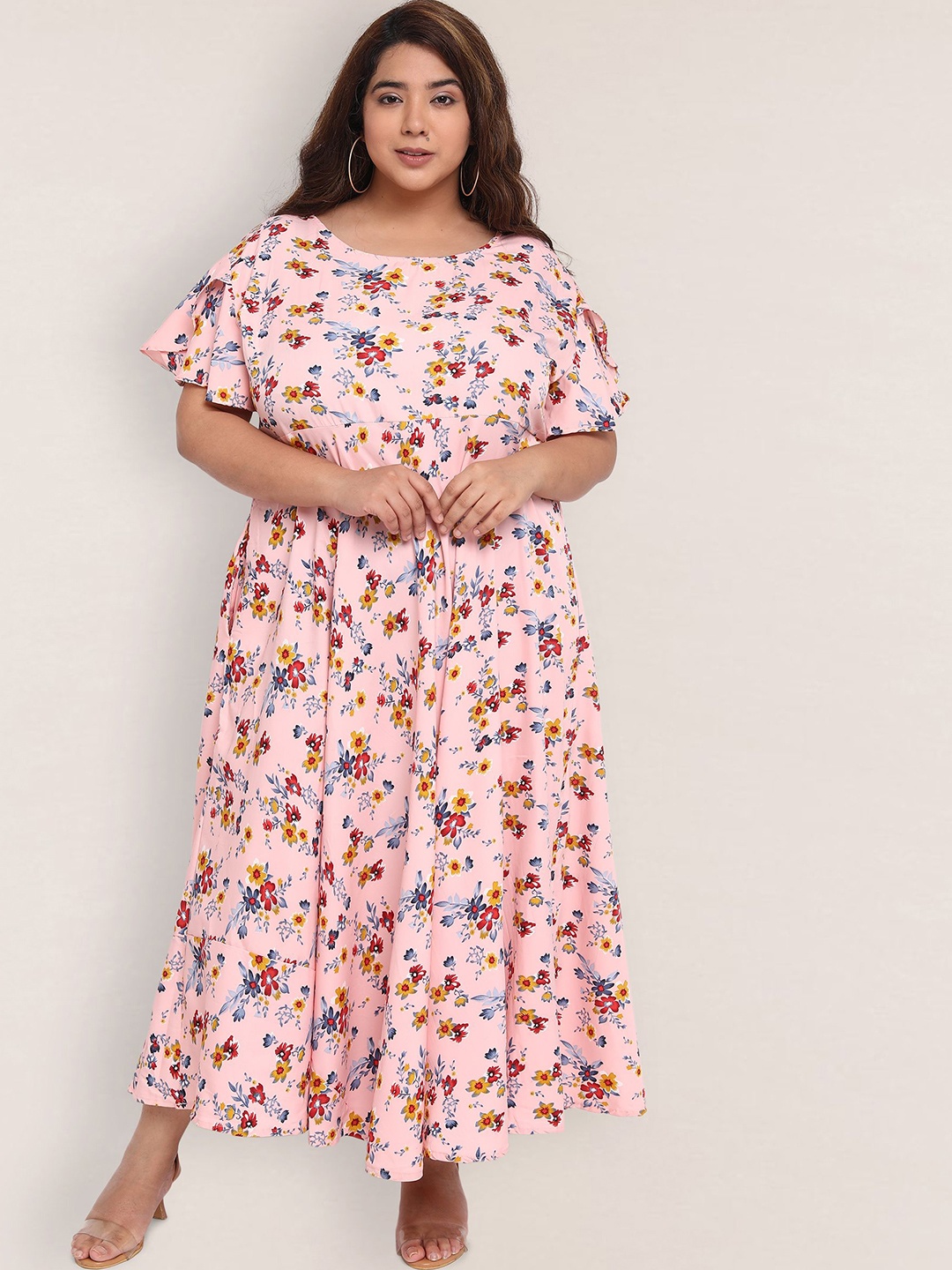 

BAESD Floral Printed Bell Sleeves A-Line Midi Dress, Pink
