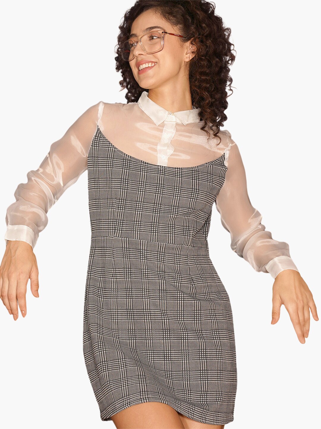 

Virgio Checked Shirt Collar A-Line Dress, Black