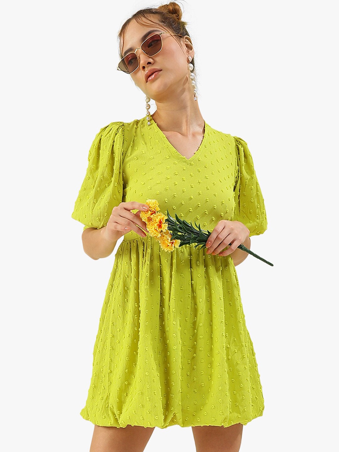 

Virgio Self Design V-Neck Puff Sleeves Fit & Flare Dress, Green