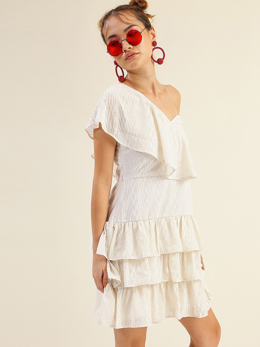 

Virgio Self Design One Shoulder Layered A-Line Dress, White