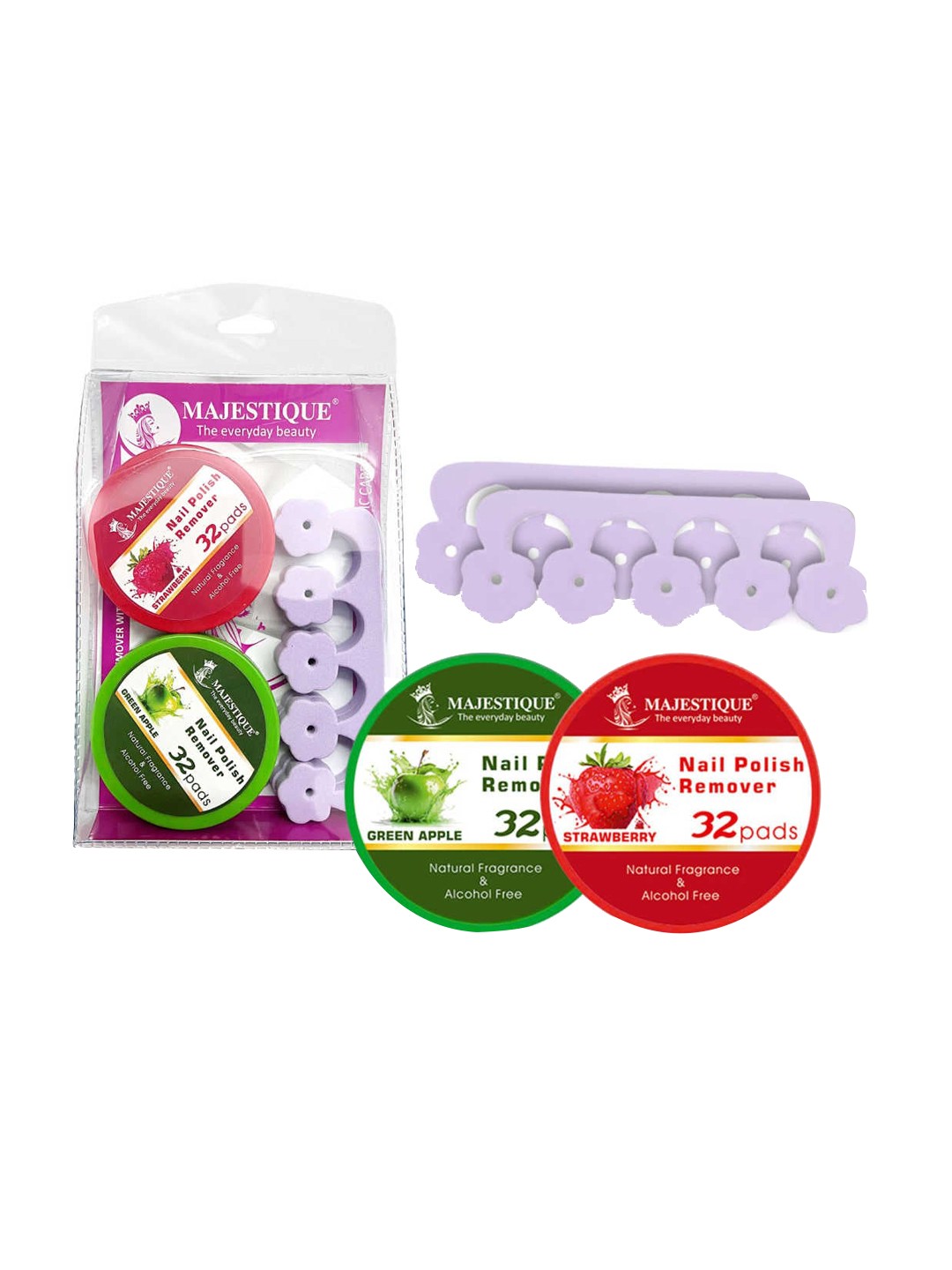 

MAJESTIQUE 2 PcGreen Apple & strawberry Nail Polish Removers-32Pads Each& 2Toe Separator's, Purple