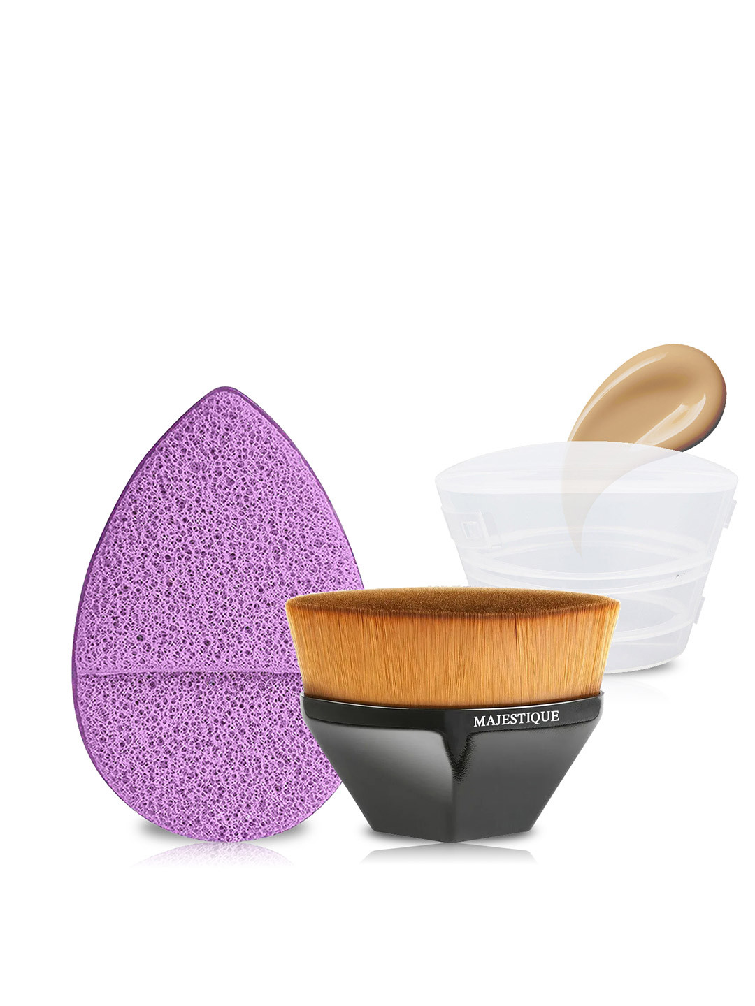 

MAJESTIQUE Flat Foundation Brush with Facial Cleaning Sponge, Multi