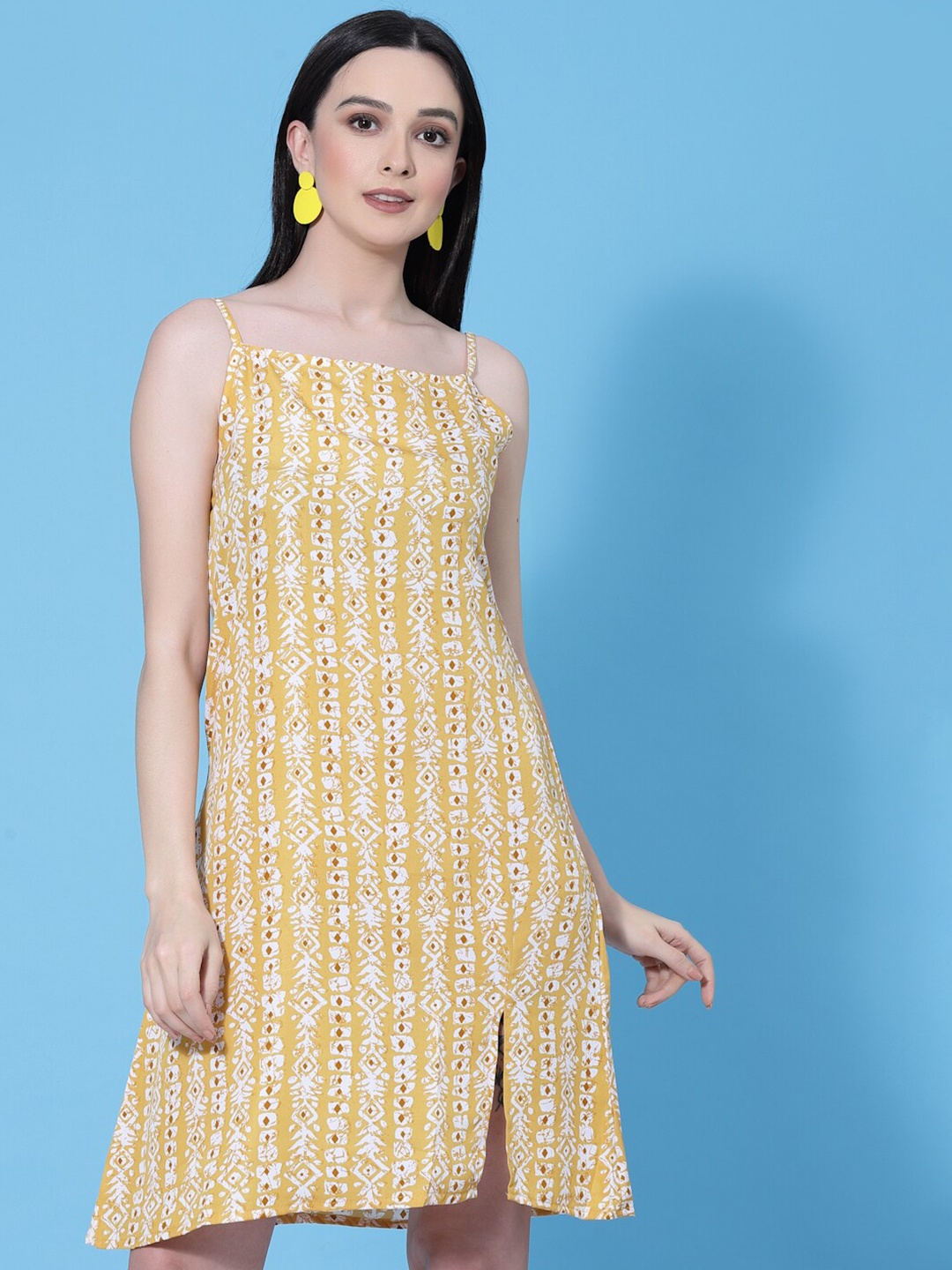 

BAESD Ethnic Motifs Printed Shoulder Strap A-Line Dress, Yellow