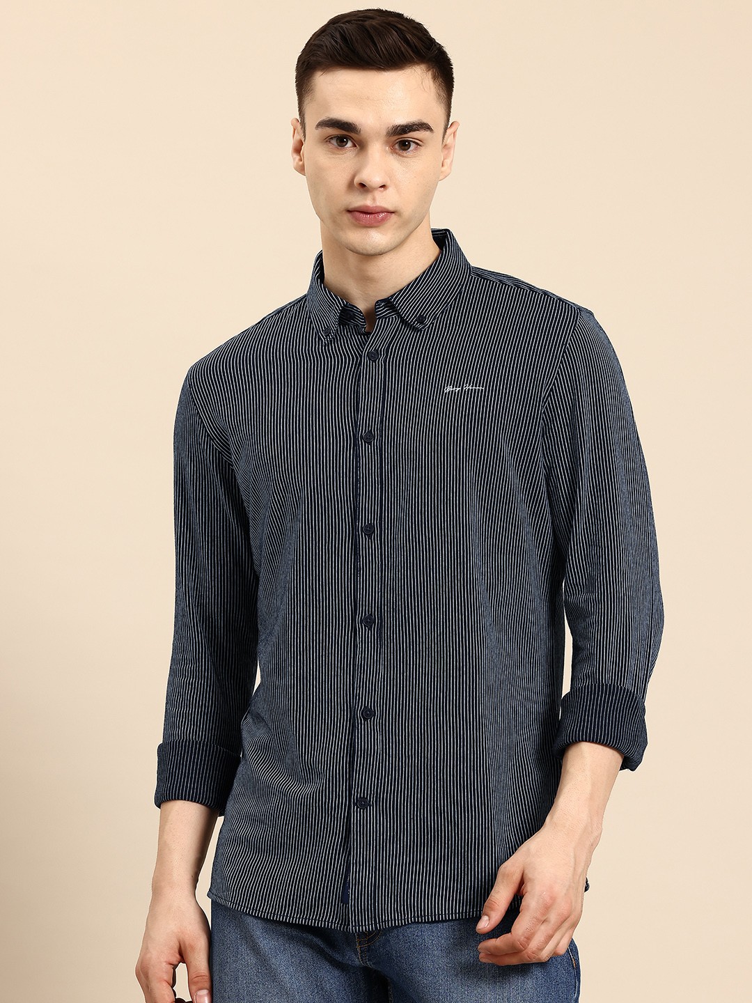 

Being Human Slim Fit Pure Cotton Striped Casual Shirt, Navy blue