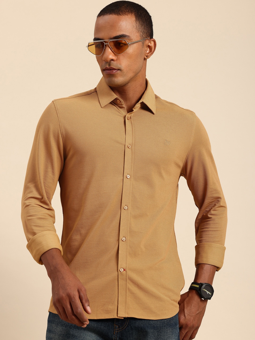 

Being Human Spread Collar Solid Cotton Slim Fit Casual, Camel brown