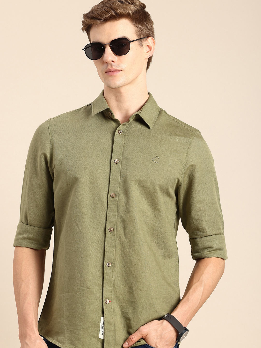 

Being Human Linen Cotton Slim Fit Opaque Casual Shirt, Olive