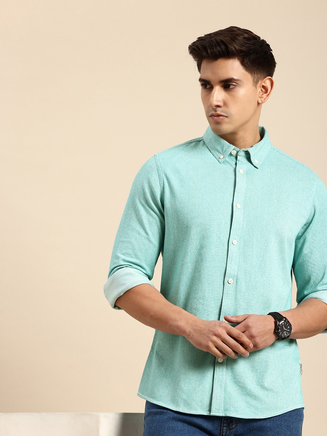 

Being Human Self Striped Slim Fit Opaque Casual Shirt, Turquoise blue