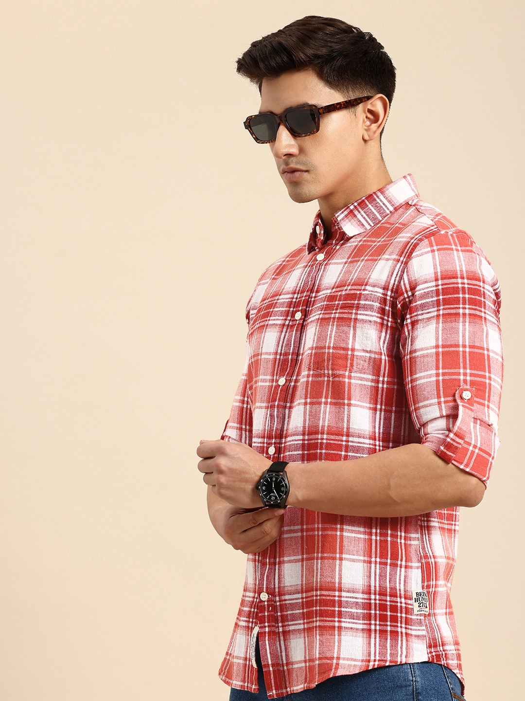 

Being Human Slim Fit Cotton Linen Checked Casual Shirt, Red
