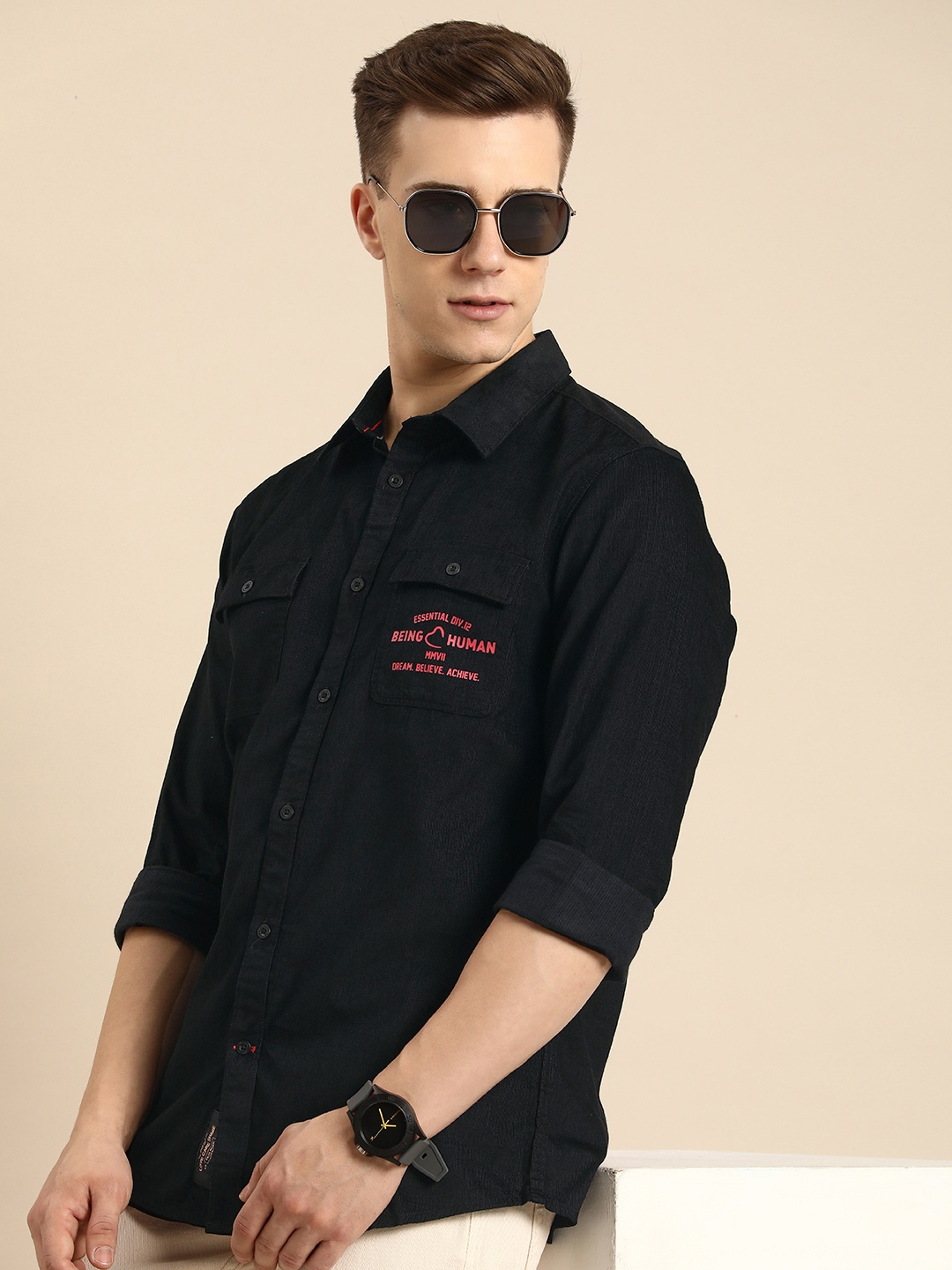 

Being Human Slim Fit Brand Logo Printed Casual Shirt, Black