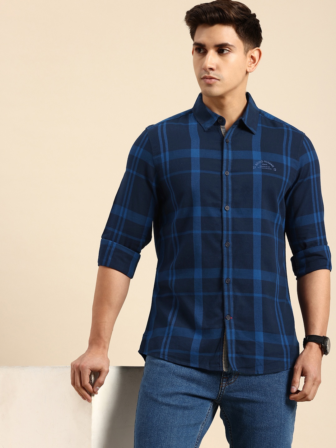 

Being Human Slim Fit Opaque Checked Casual Shirt, Navy blue