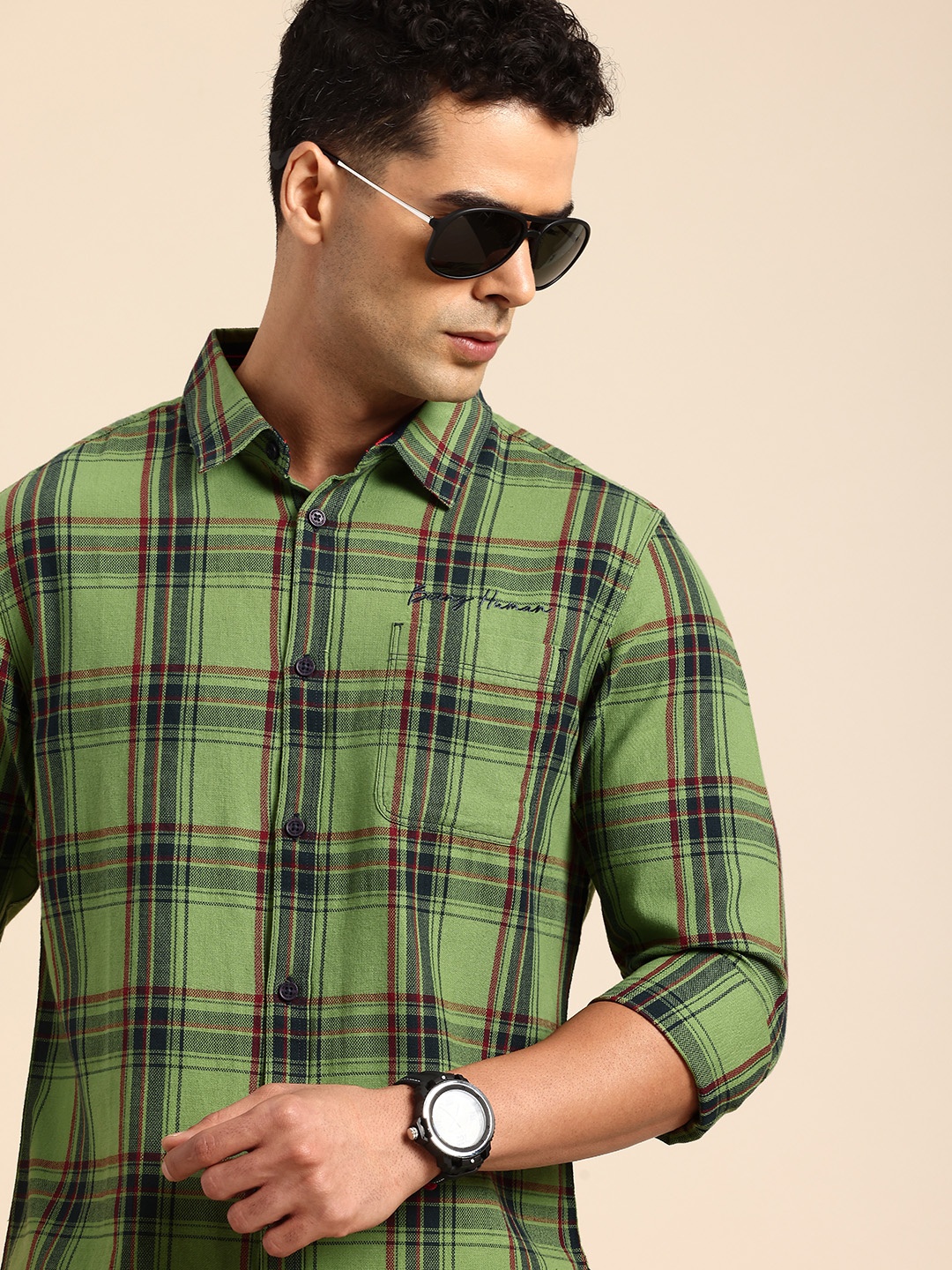 

Being Human Pure Cotton Slim Fit Checked Casual Shirt, Green