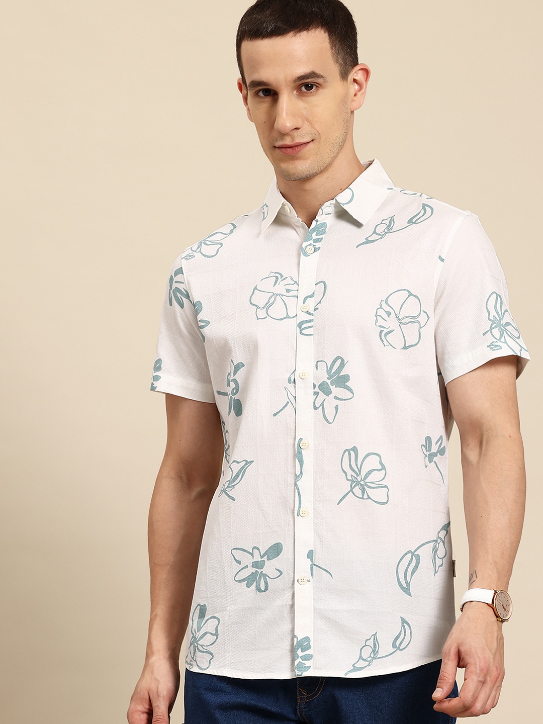 

Being Human Pure Cotton Slim Fit Floral Print Casual Shirt, White