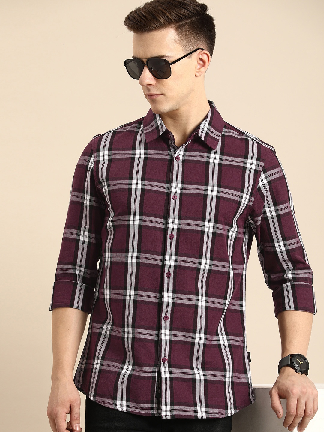 

Being Human Slim Fit Tartan Checked Pure Cotton Casual Shirt, Burgundy