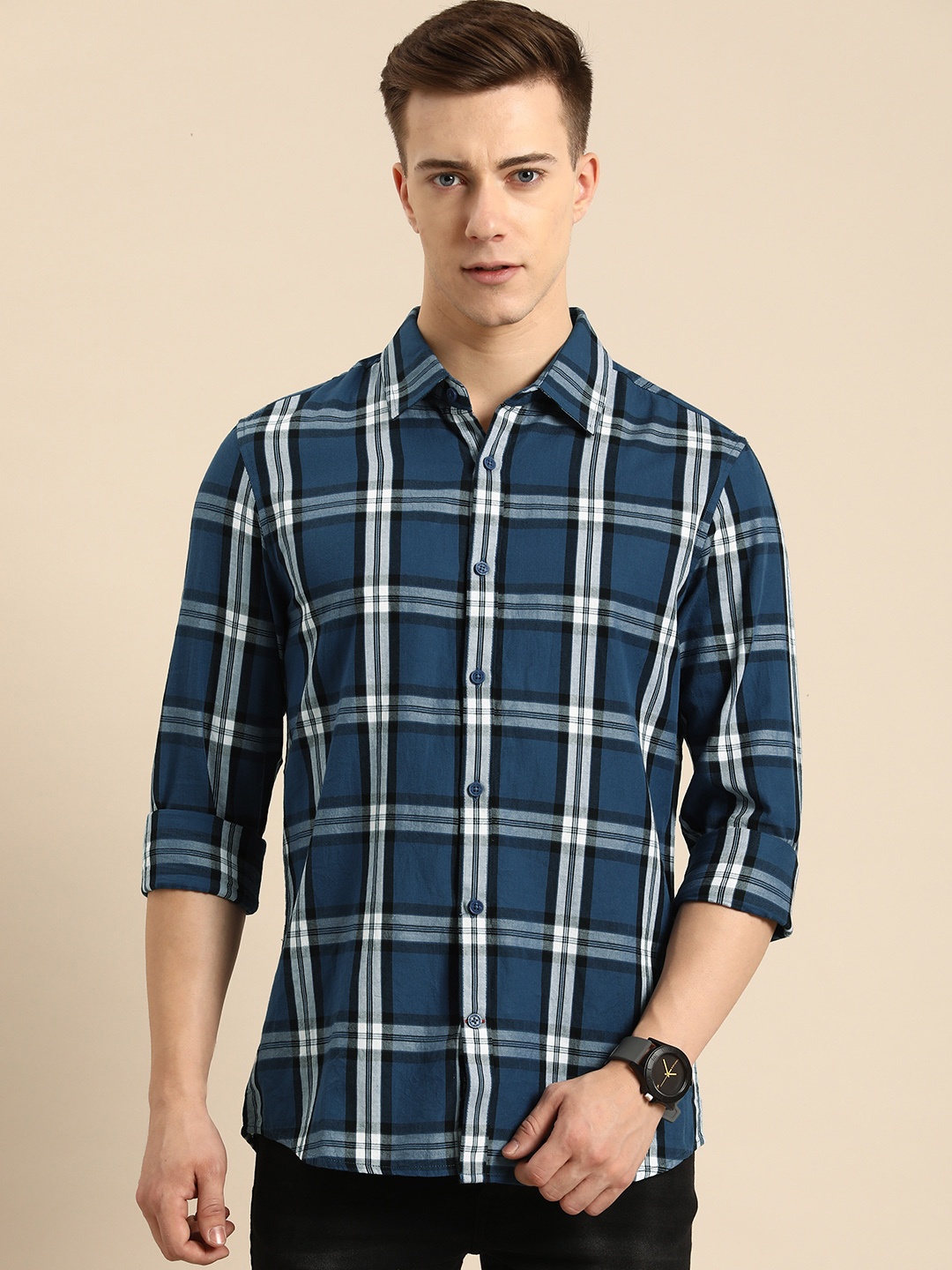 

Being Human Slim Fit Tartan Checked Pure Cotton Casual Shirt, Teal