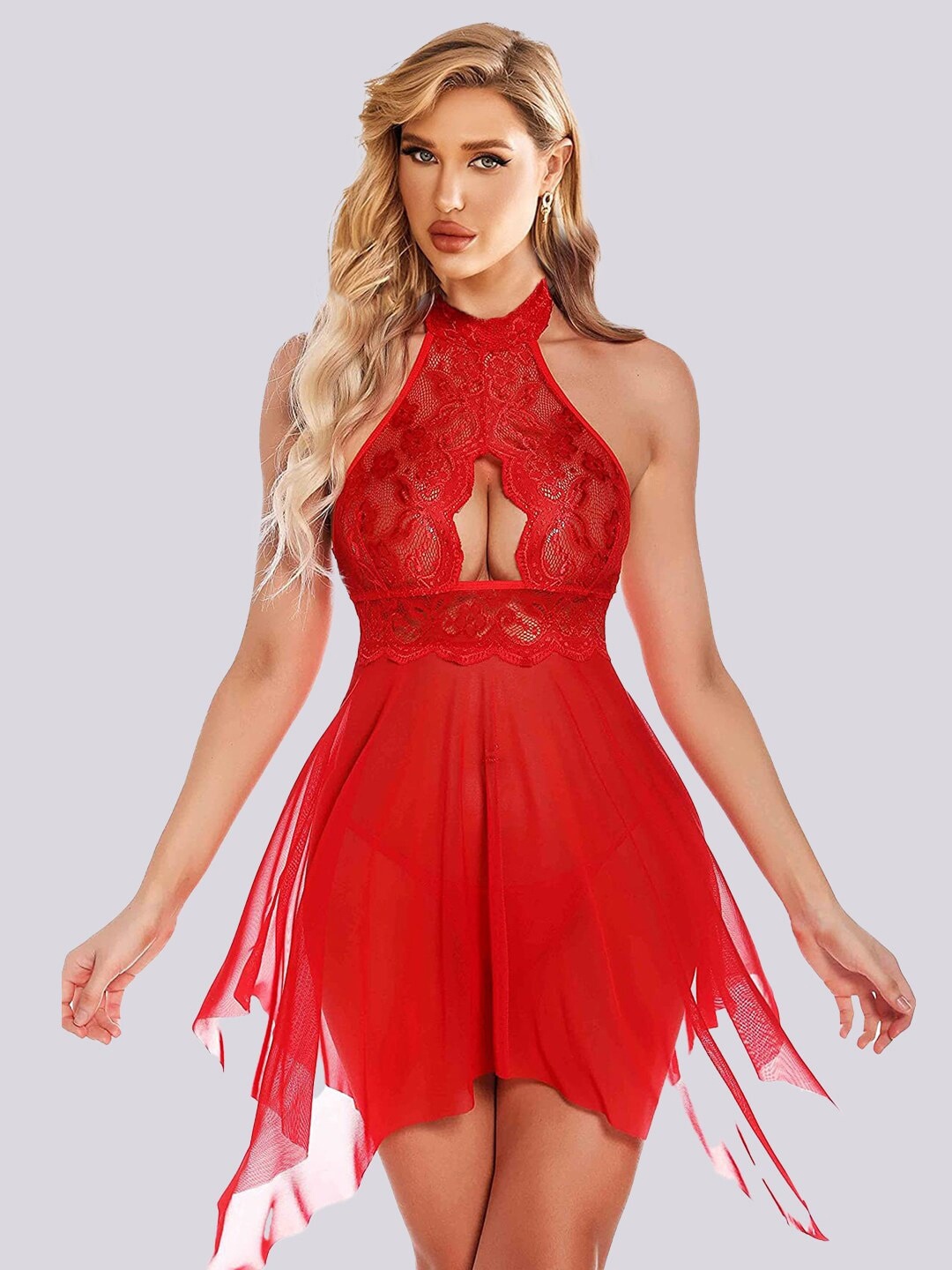 

Krelin Net Halter Neck Lace Baby Doll, Red