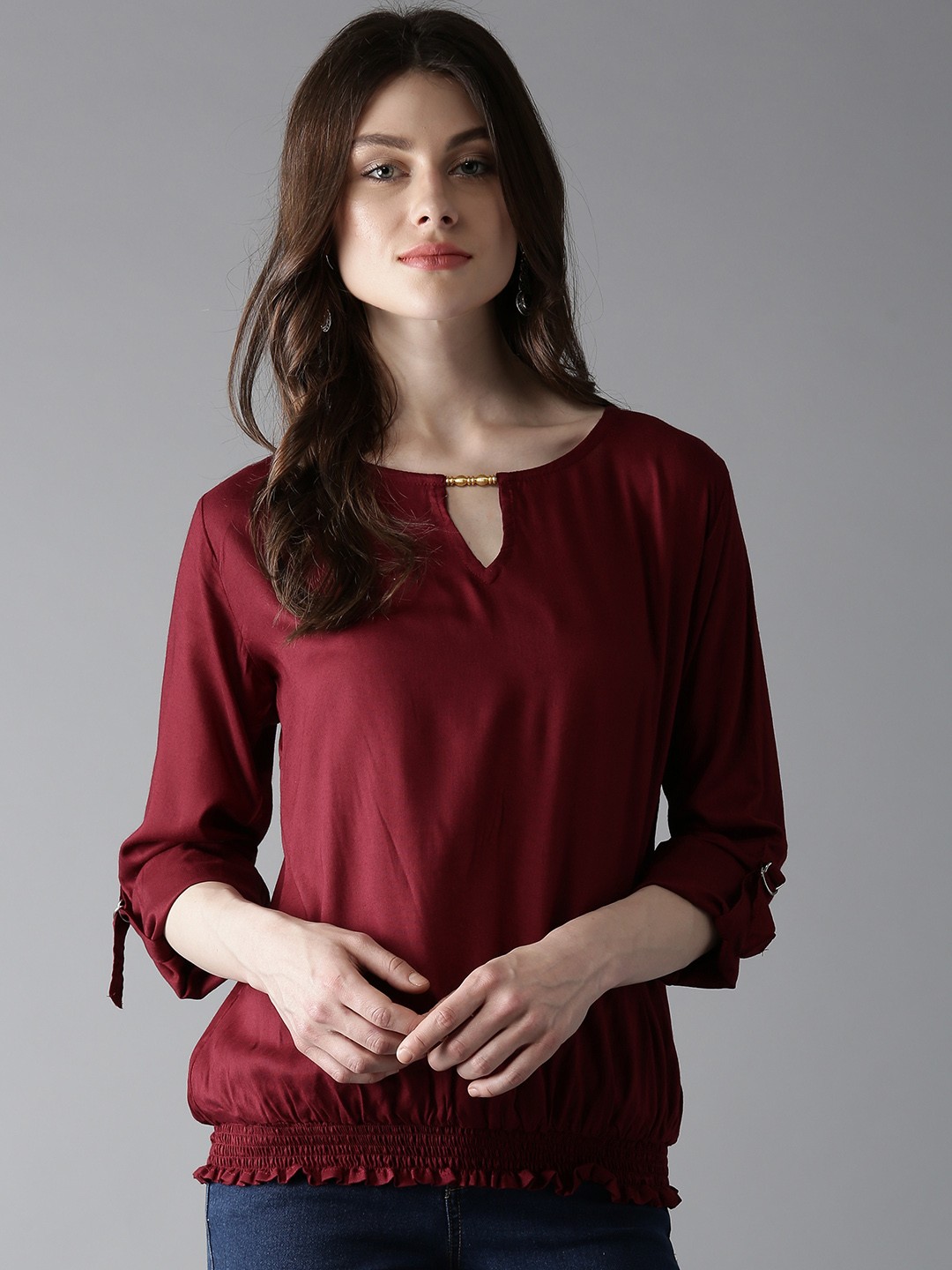 

HERE&NOW Women Maroon Solid Blouson Top