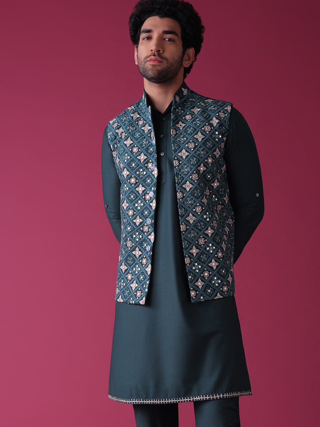 

KALKI Fashion Mandarin Collar Straight Kurta With Churidar & Embroidered Nehru Jacket, Blue