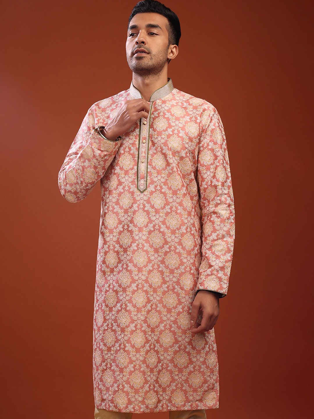 

KALKI Fashion Ethnic Motifs Embroidered Mandarin Collar Straight Kurta With Churidar, Pink