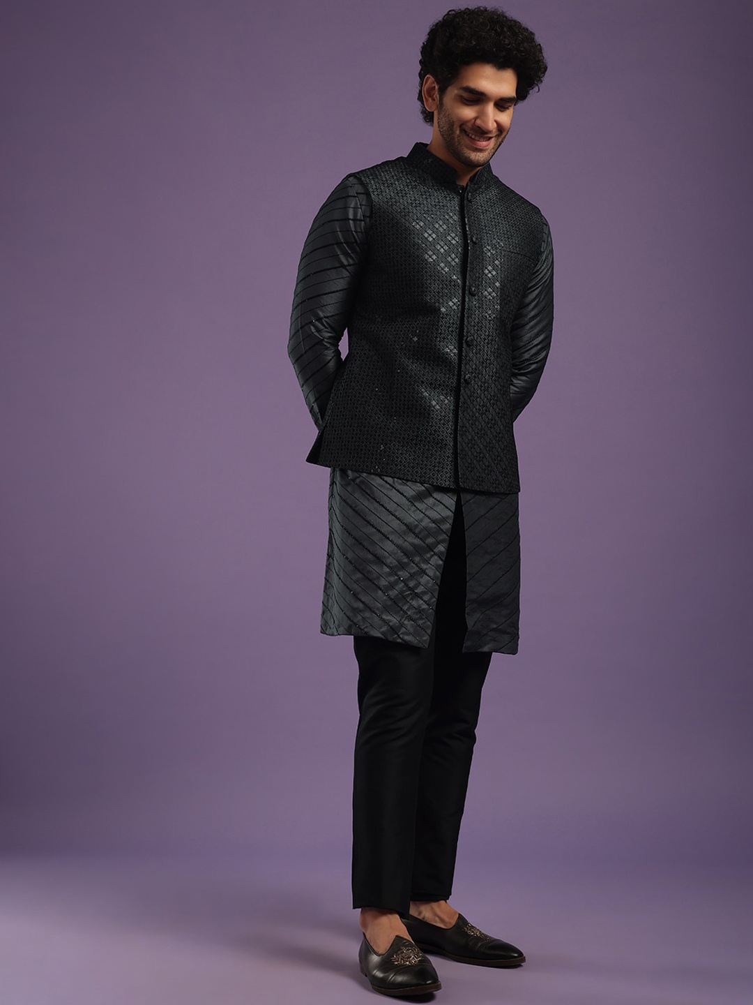 

KALKI Fashion Striped Sequinned Mandarin Collar Regular Kurta With Trousers & Nehru Jacket, Black