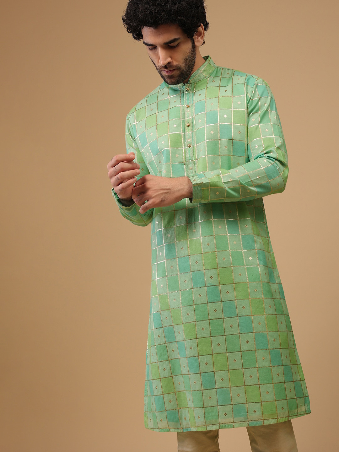 

KALKI Fashion Woven Design Regular Zari Chanderi Silk Kurta With Pyjamas, Green