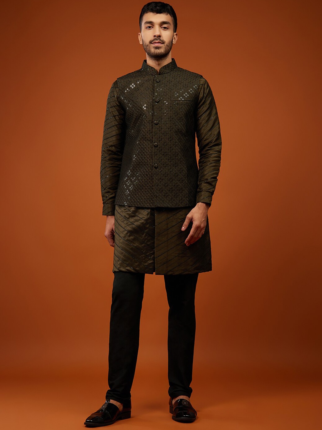 

KALKI Fashion Mandarin Collar Striped Embroidered Kurta & Churidar With WaistCoat, Brown