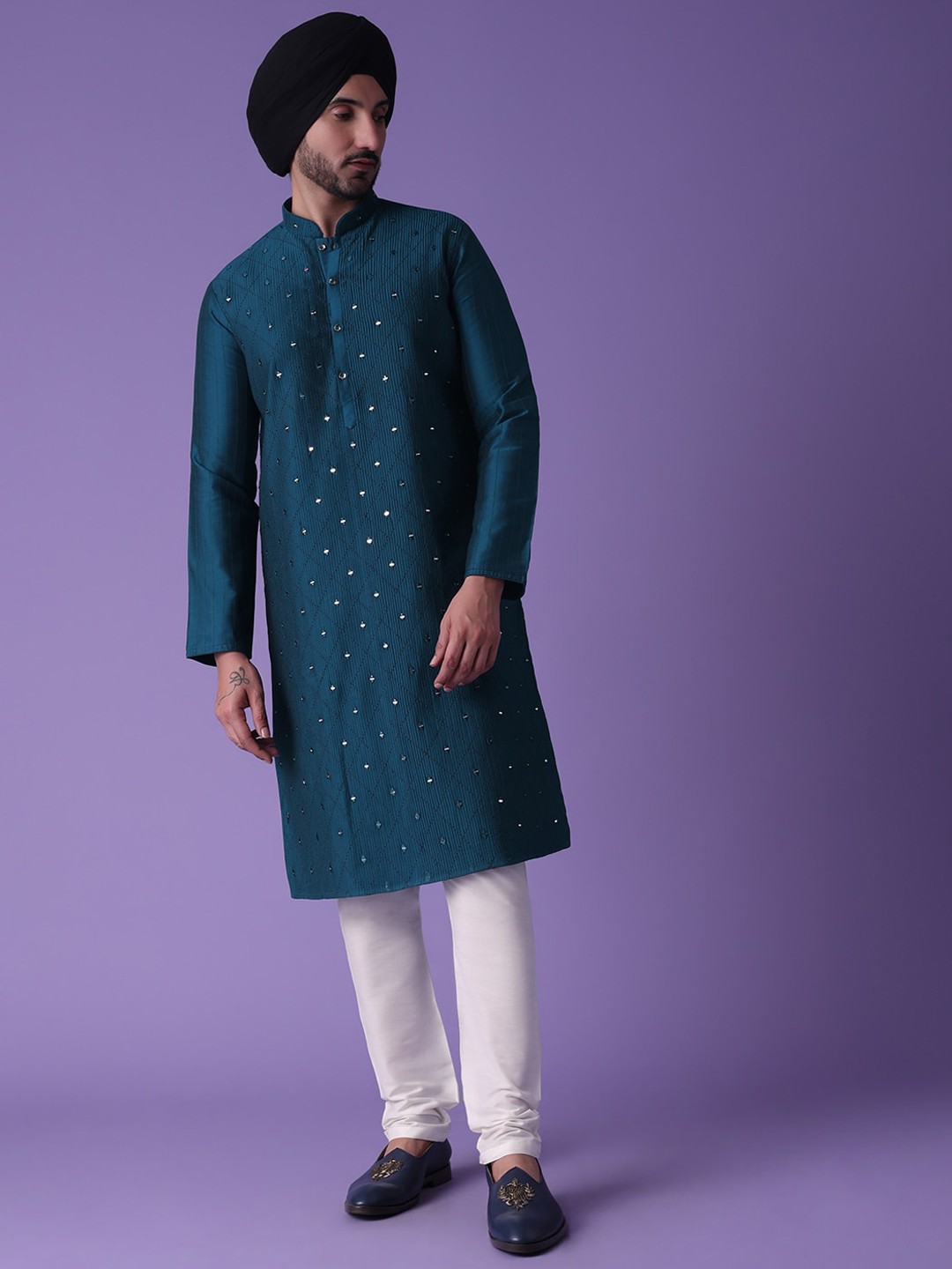 

KALKI Fashion Mandarin Collar Stripped Embroidered Regular Mirror Work Kurta with Churidar, Teal