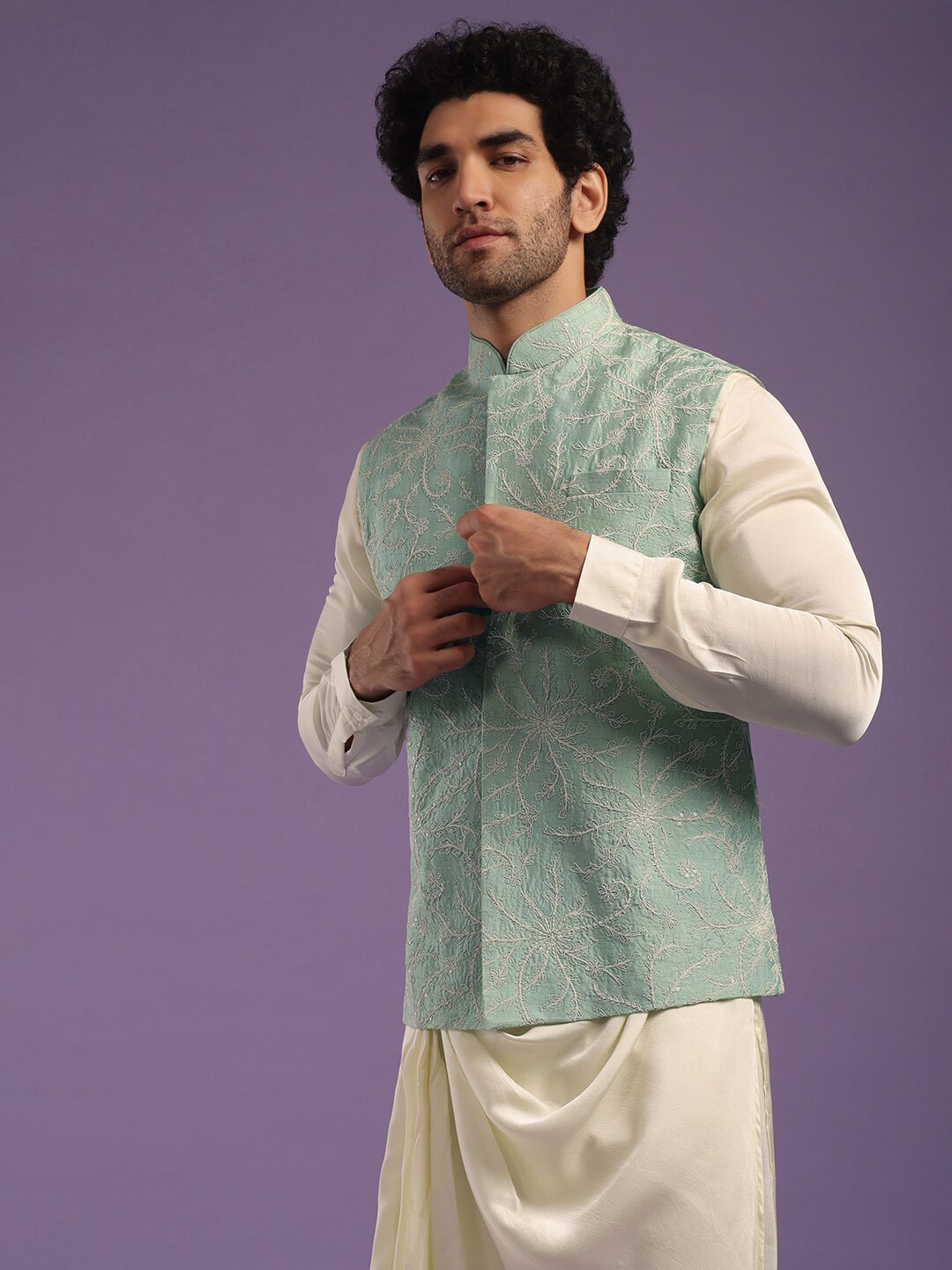 

KALKI Fashion Mandrain Collar Pleated Kurta With Pyjamas & Nehru Jacket, White