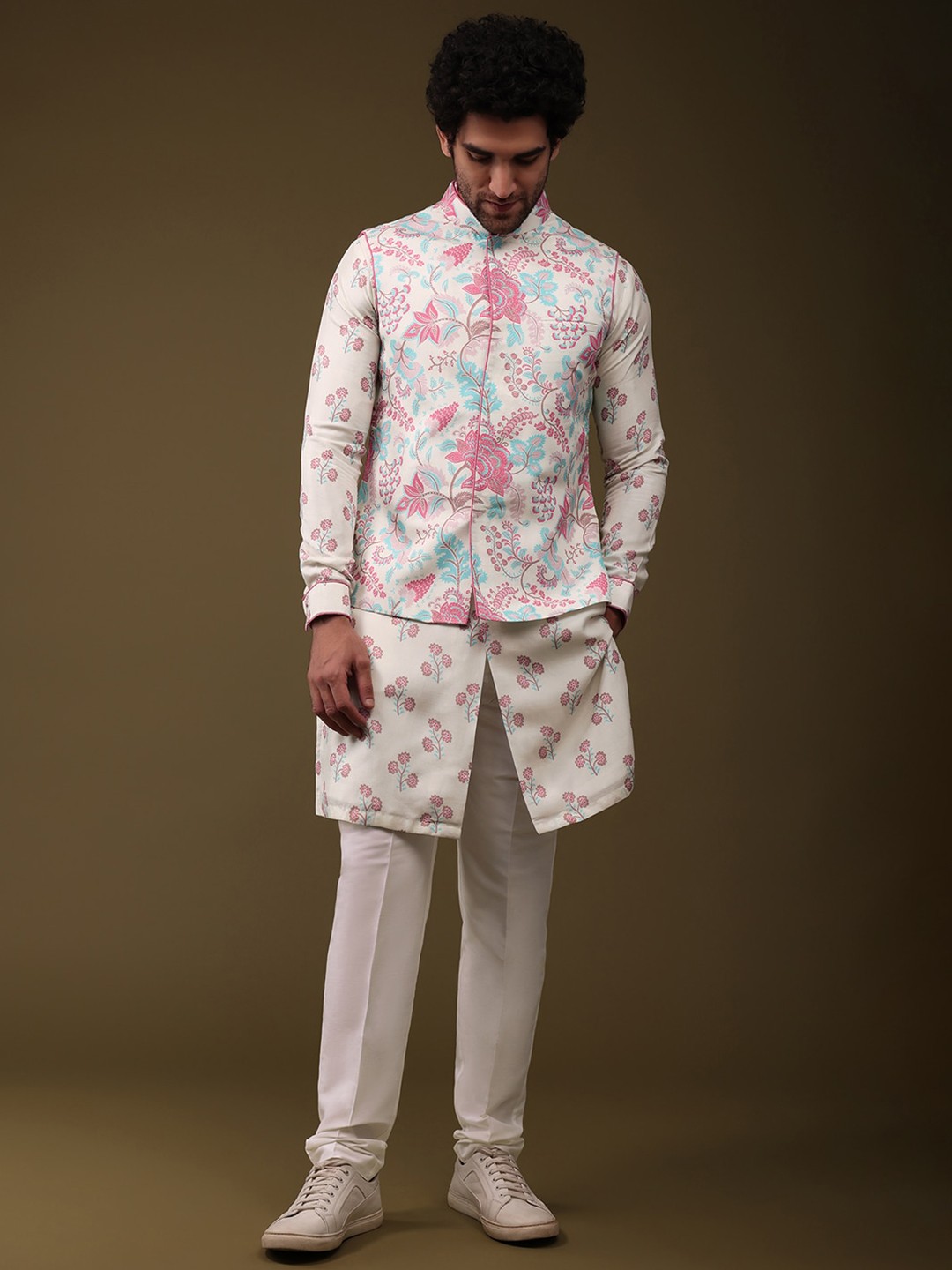 

KALKI Fashion Mandarin Collar Floral Printed Regular Kurta & Churidar With Waist Coat, White