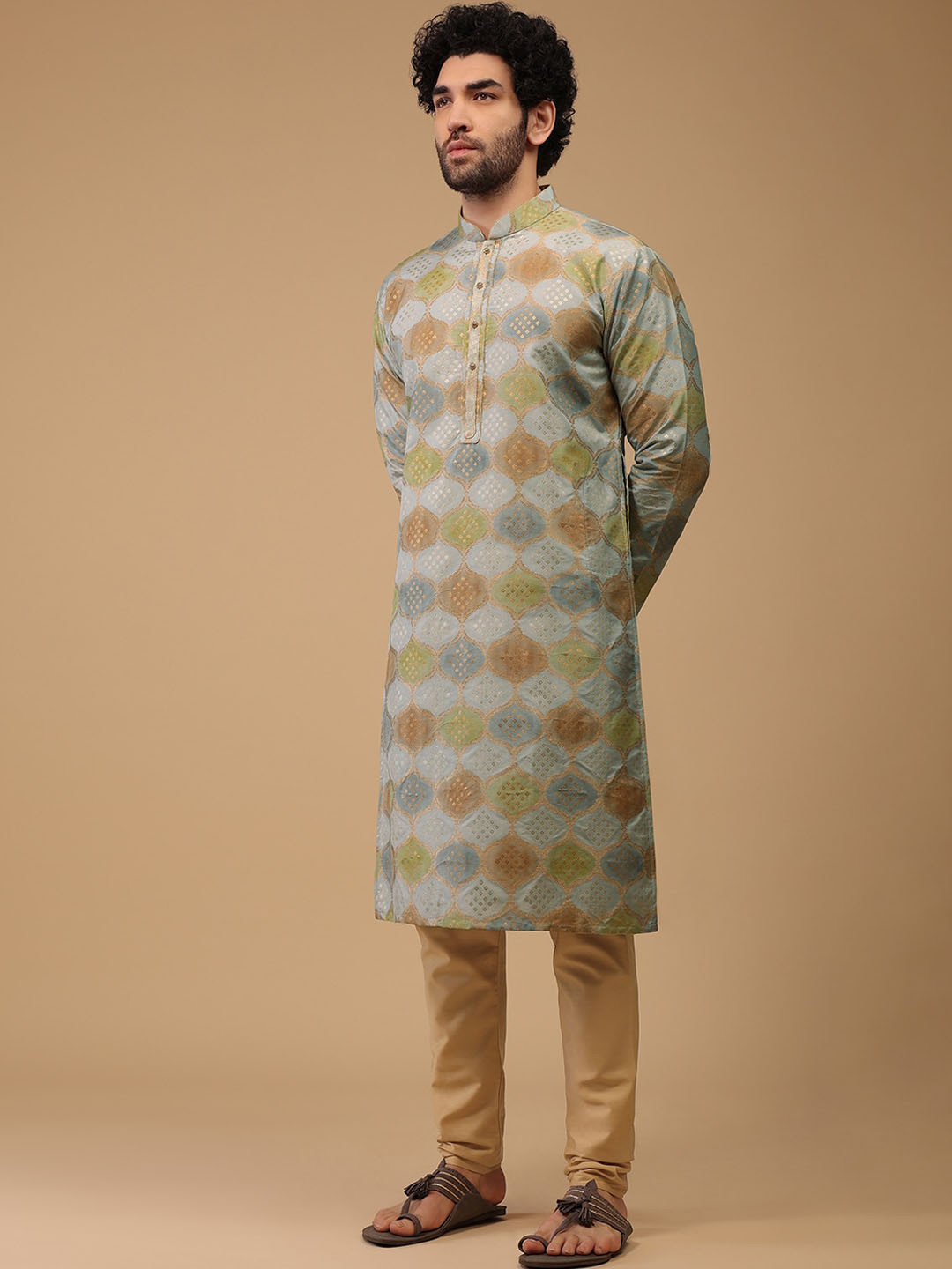 

KALKI Fashion Ethnic Motifs Printed Mandarin Collar Straight Kurta With Churidar, Blue