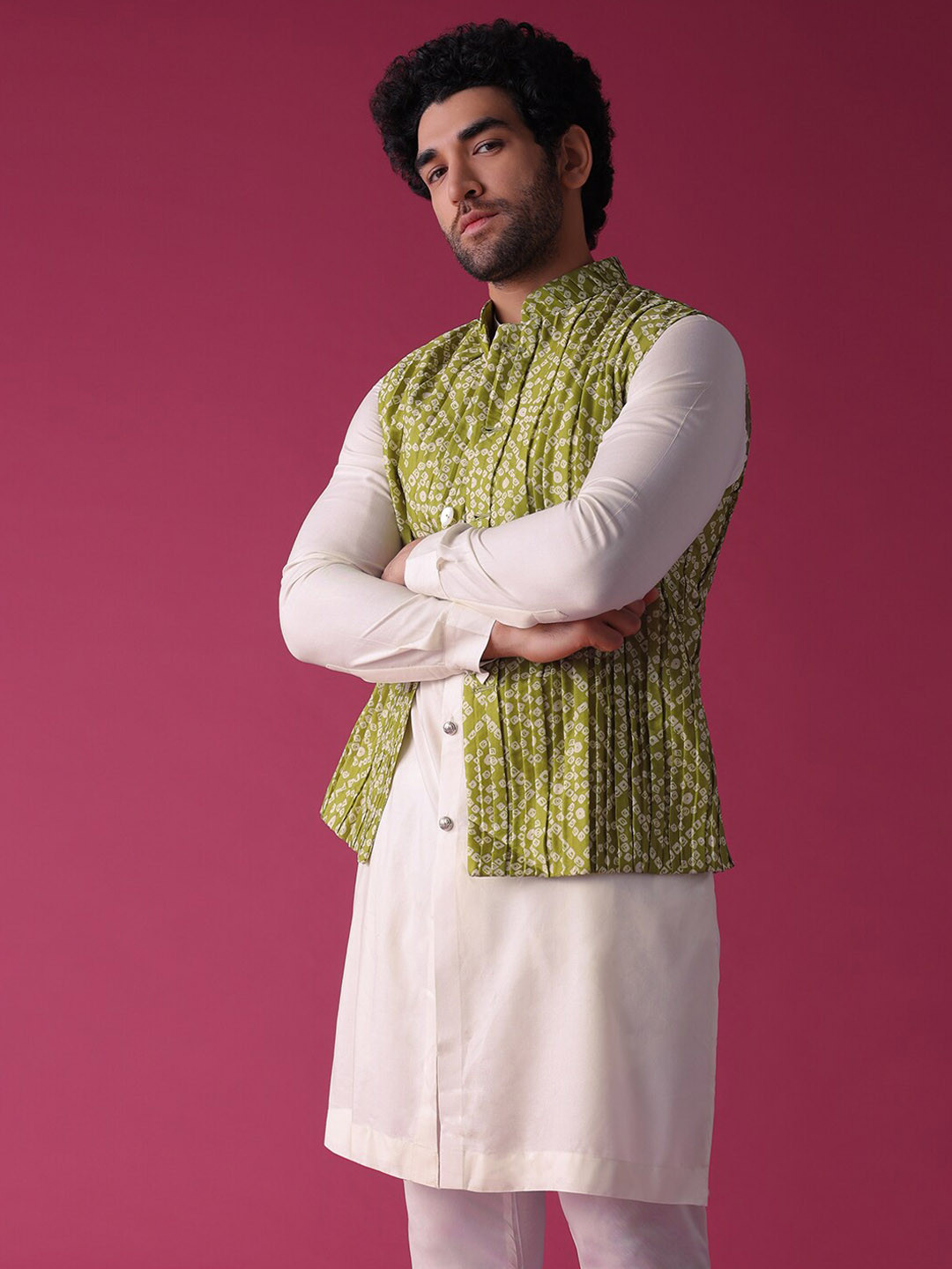 

KALKI Fashion Mandarin Collar Printed Regular Straight Kurta With Churidar & Nehru Jacket, Yellow
