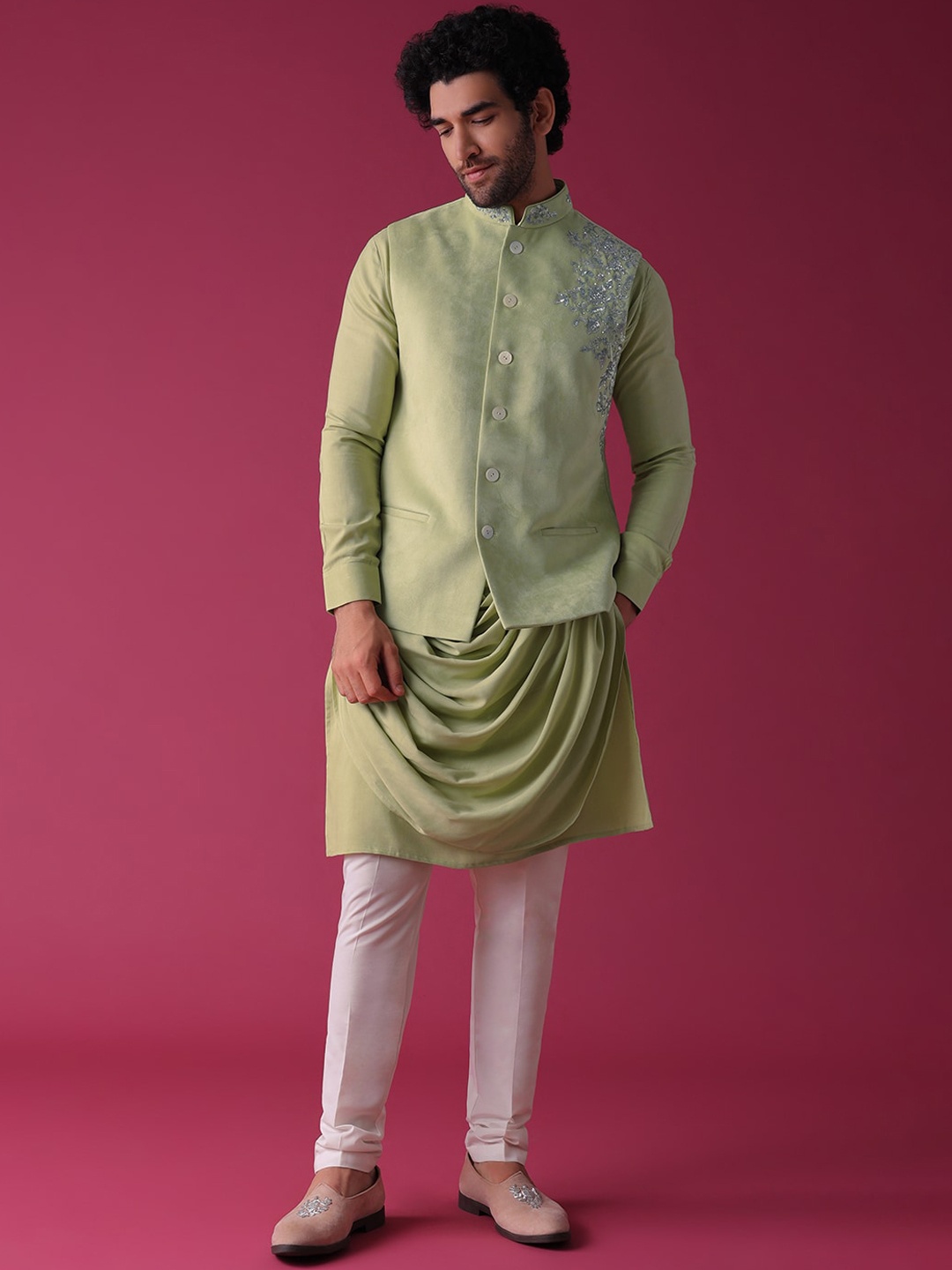 

KALKI Fashion Mandarin Collar Floral Embroidered Regular Kurta & Churidar With Waist Coat, Yellow