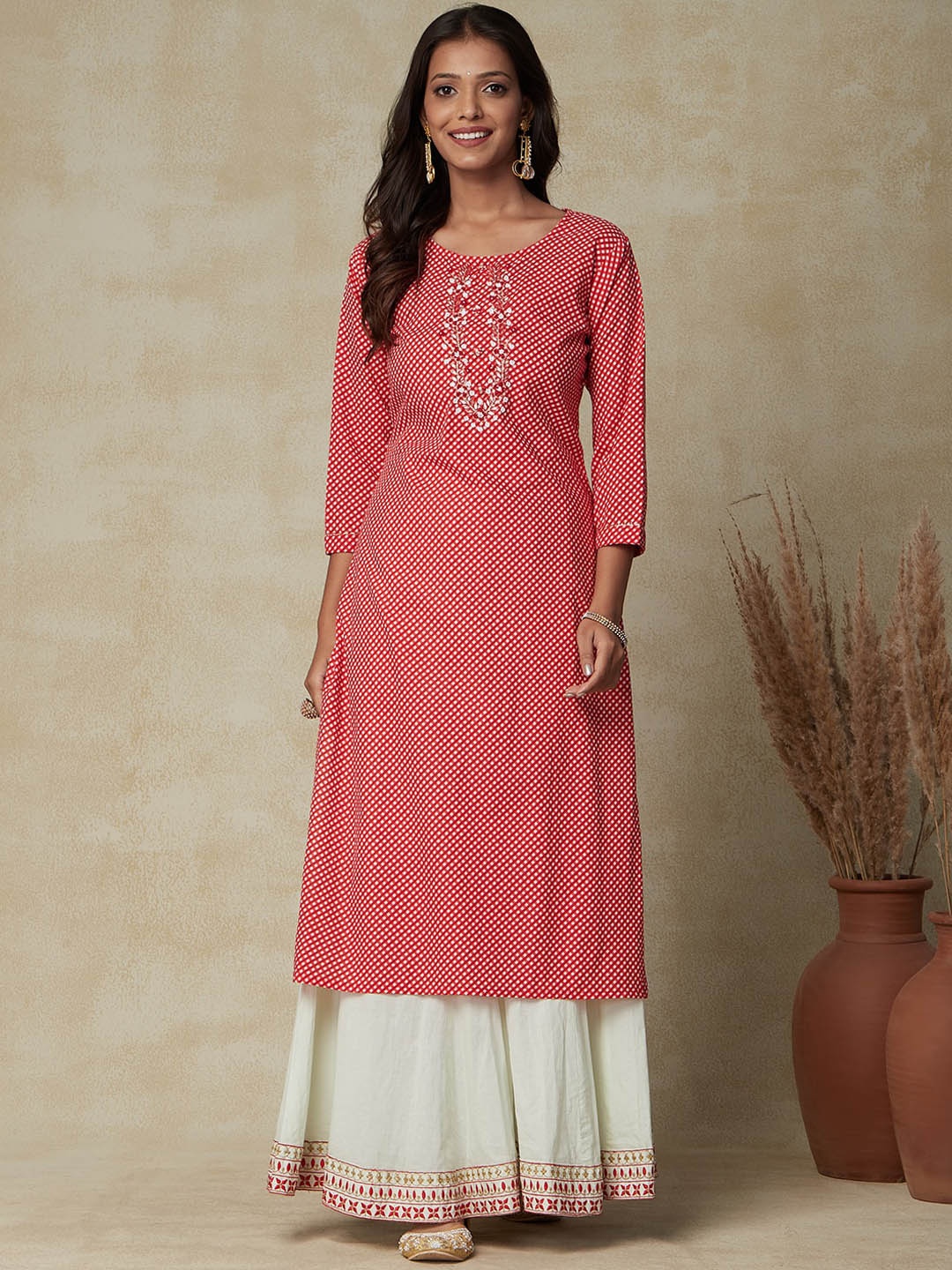 

FASHOR Red Yoke Design Geometric Printed Pure Cotton Kurta