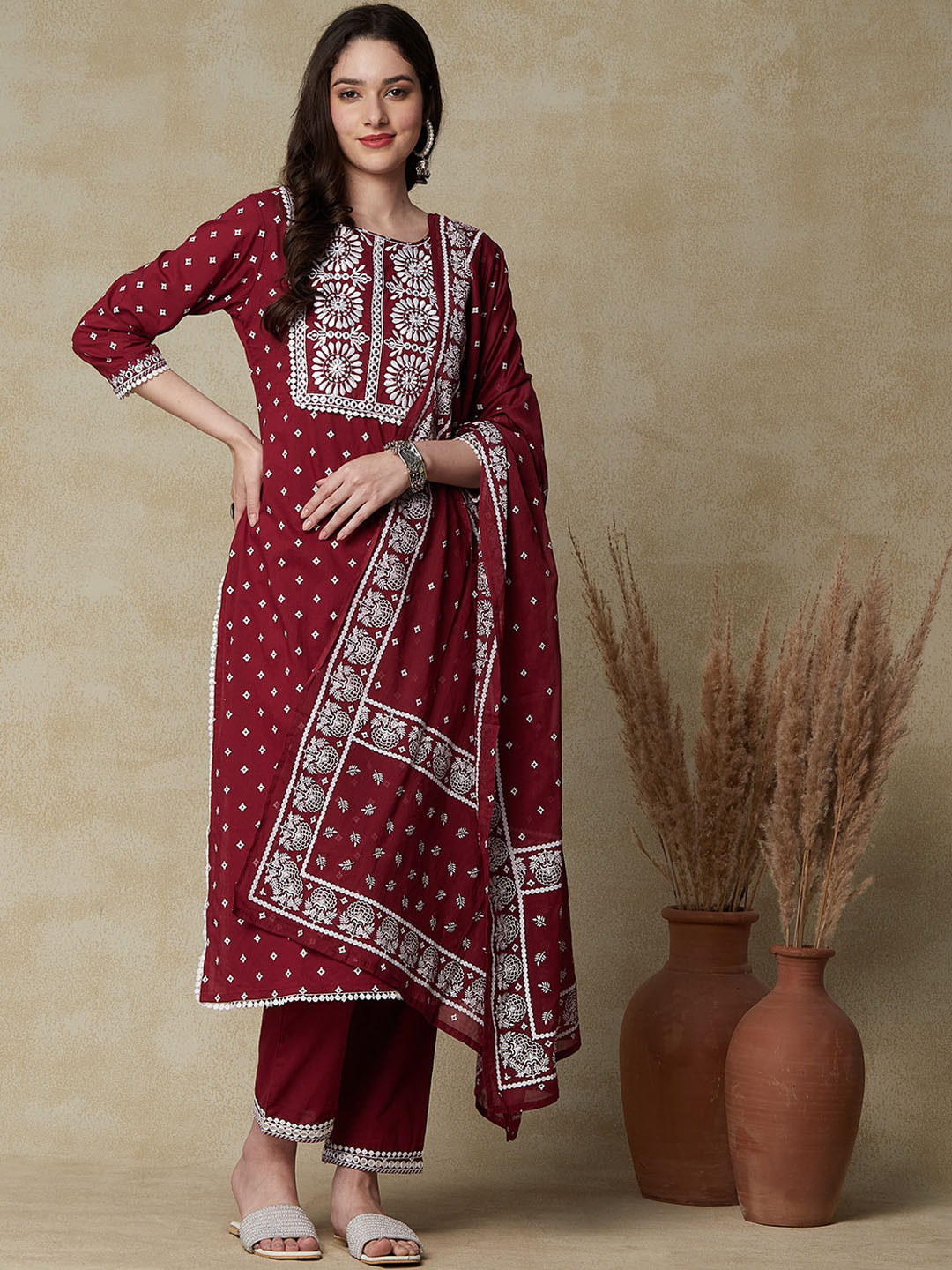 

FASHOR Maroon Printed Thread Work Pure Cotton Kurta with Trousers & With Dupatta