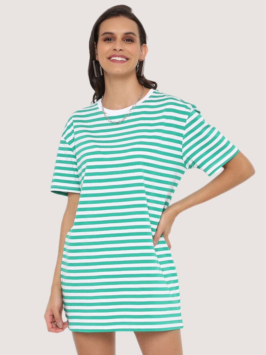

BLANCD Striped Cotton Mini T-shirt Dress, Green