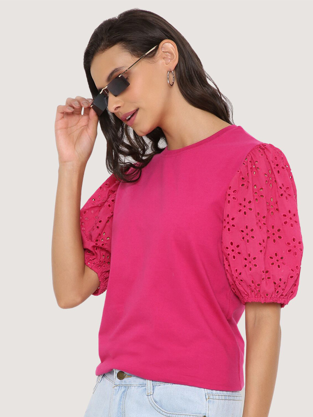 

BLANCD Puff Sleeves Schiffli Detail Top, Fuchsia