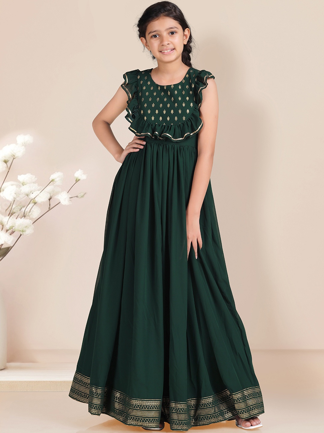 

FASHION DREAM Girls Ethnic Motifs Printed Ruffled Detailed A-Line Ethnic Dress, Green