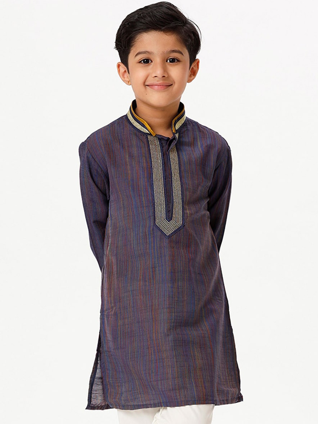 

Ramraj Boys Striped Thread Work Cotton Kurta, Navy blue