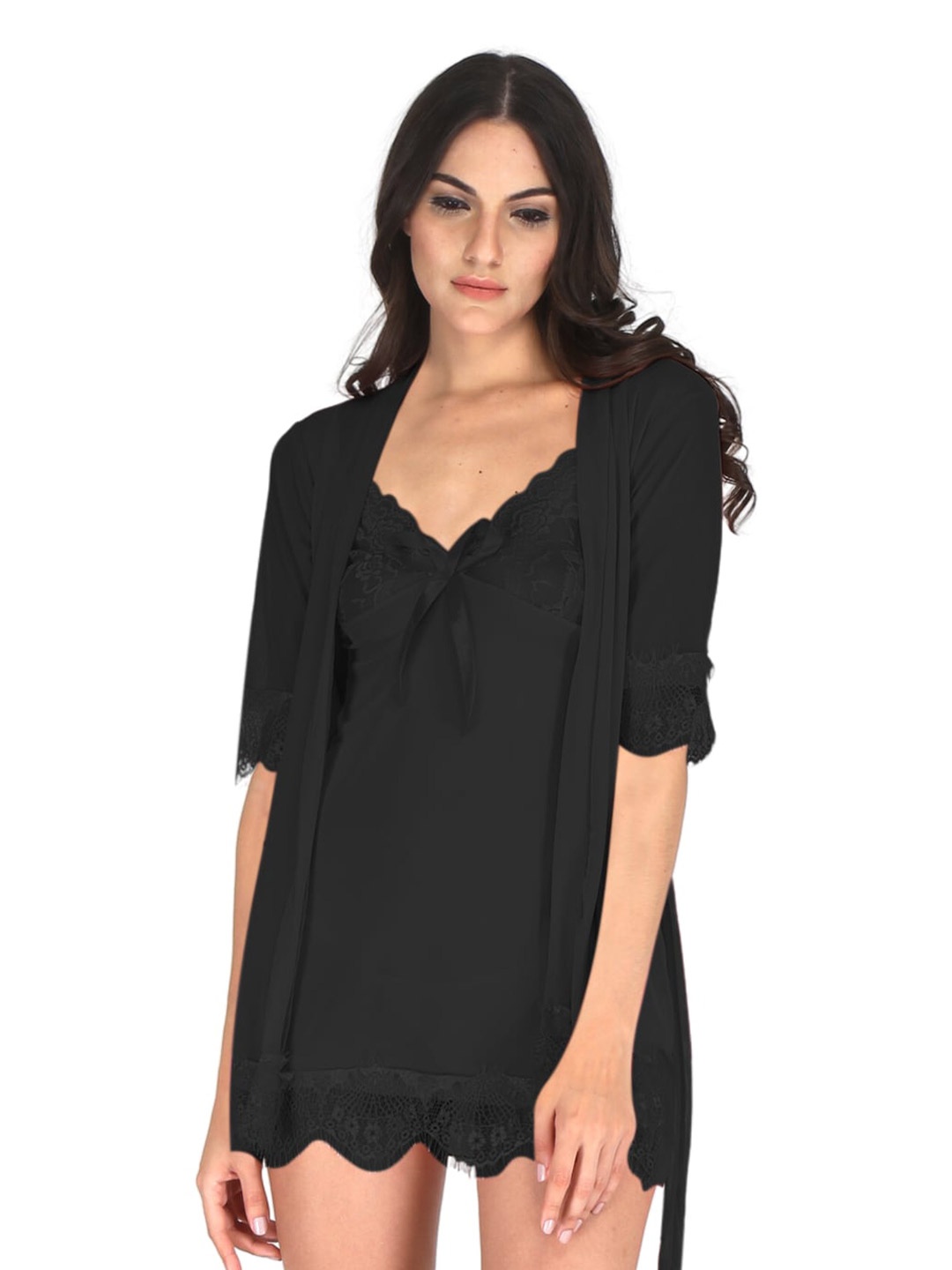 

EZLOOT Self Design Baby Doll With Robe, Black
