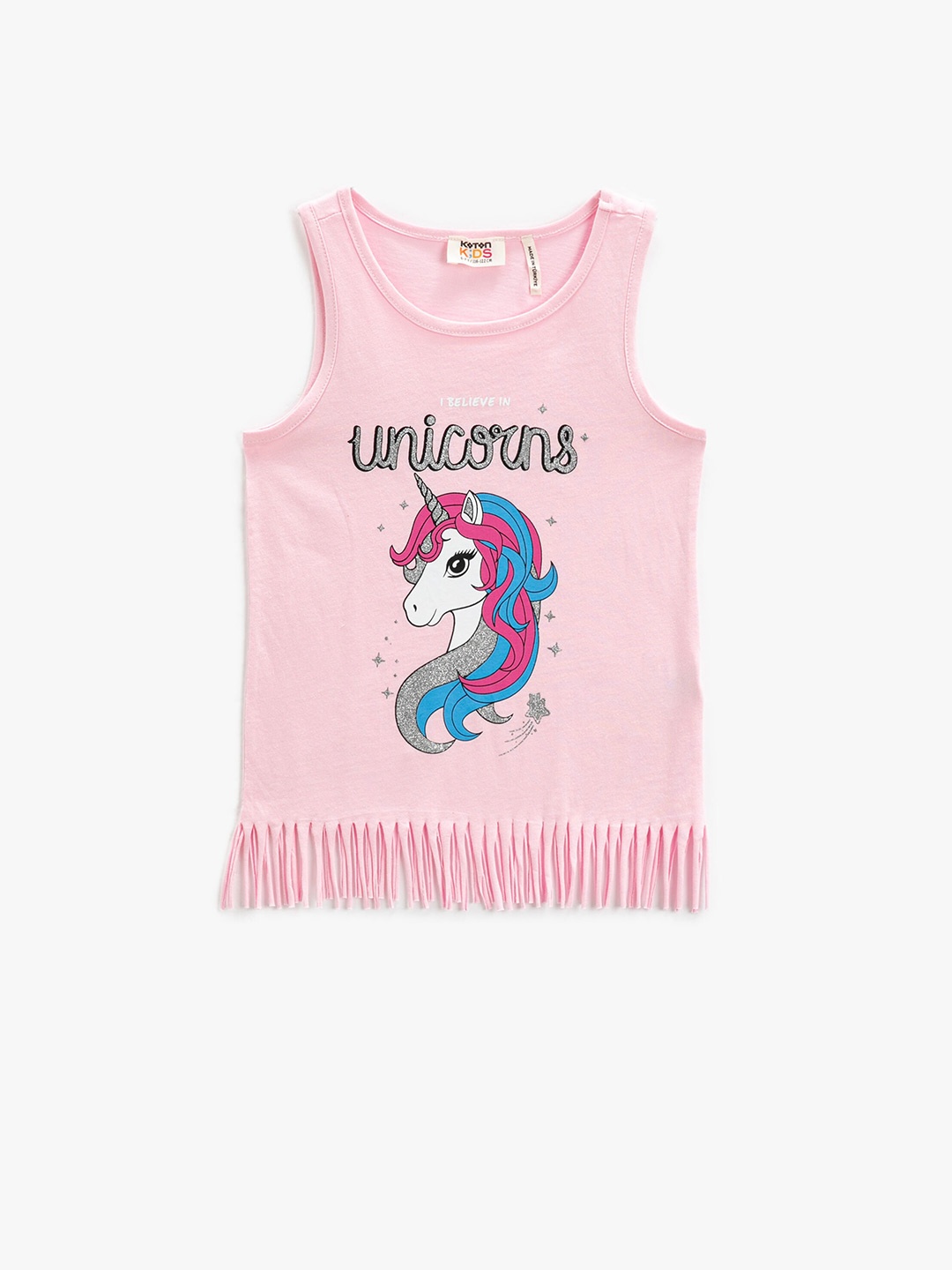 

Koton Girls Unicorn Printed Sleevess Fringed Pure Cotton Regular Top, Pink
