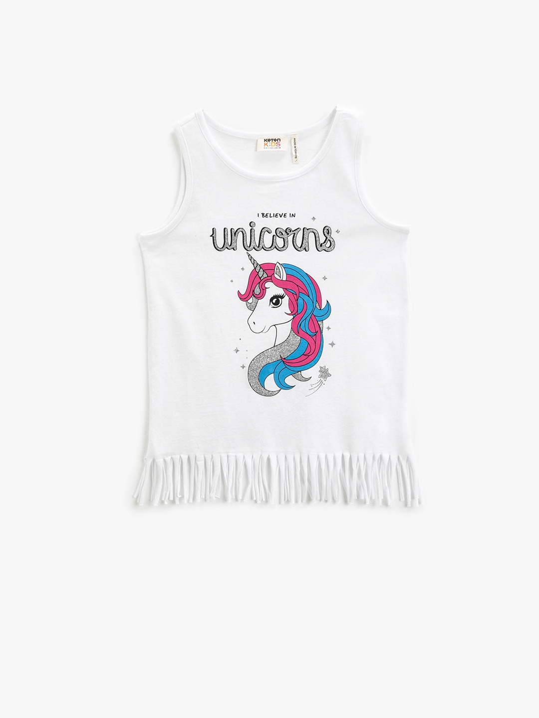 

Koton Girls White Unicorn Printed Fringed Pure Cotton Top
