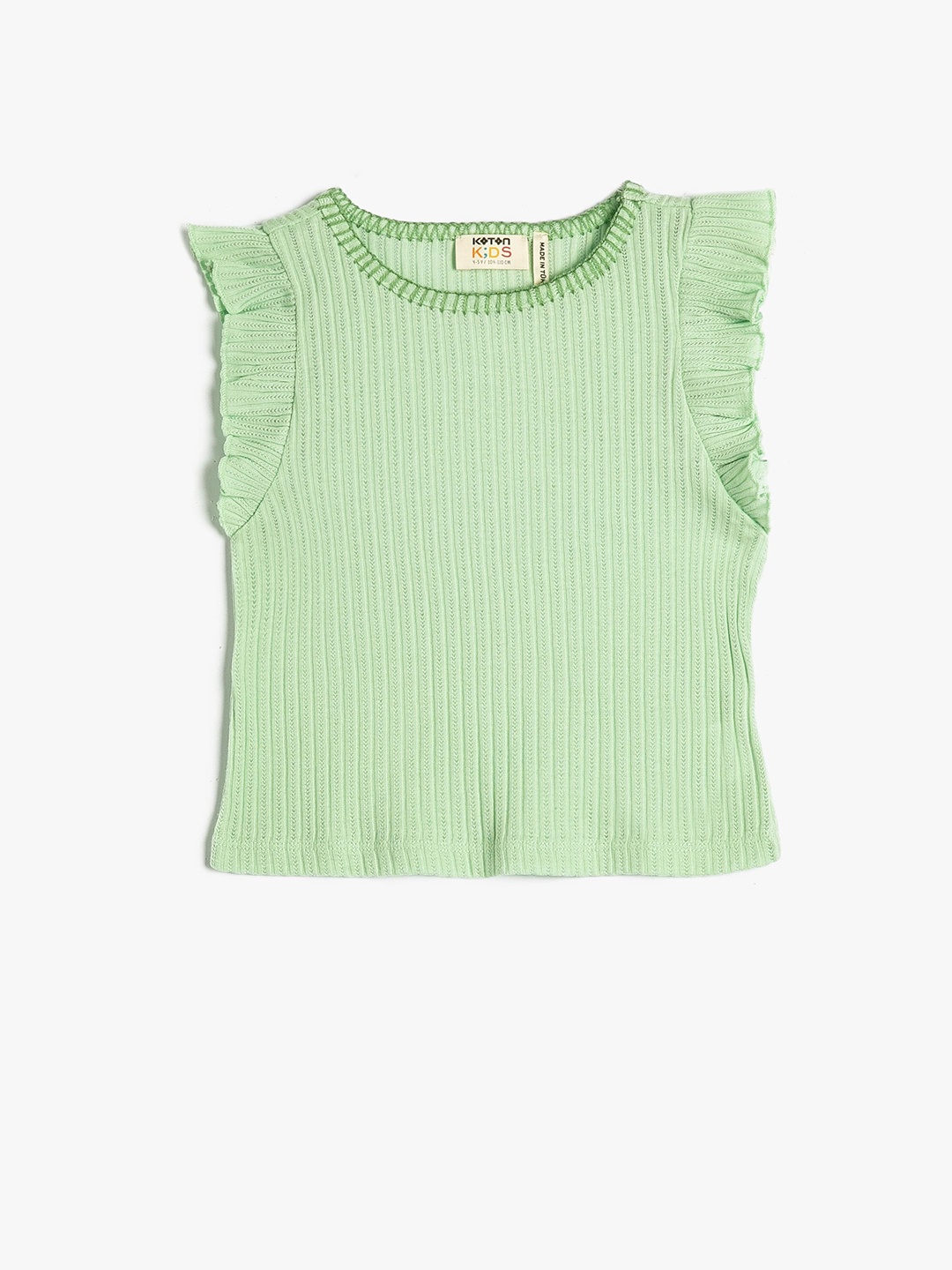 

Koton Girls Green Self Design Flutter Sleeves Pure Cotton Top