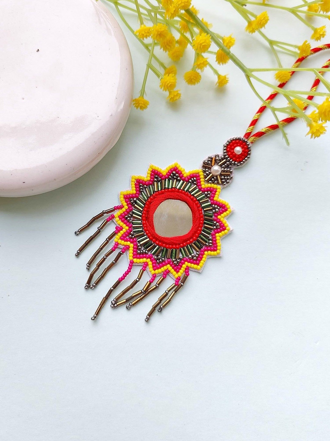 

Crunchy Fashion Men Mirror Charm Rakhi, Red
