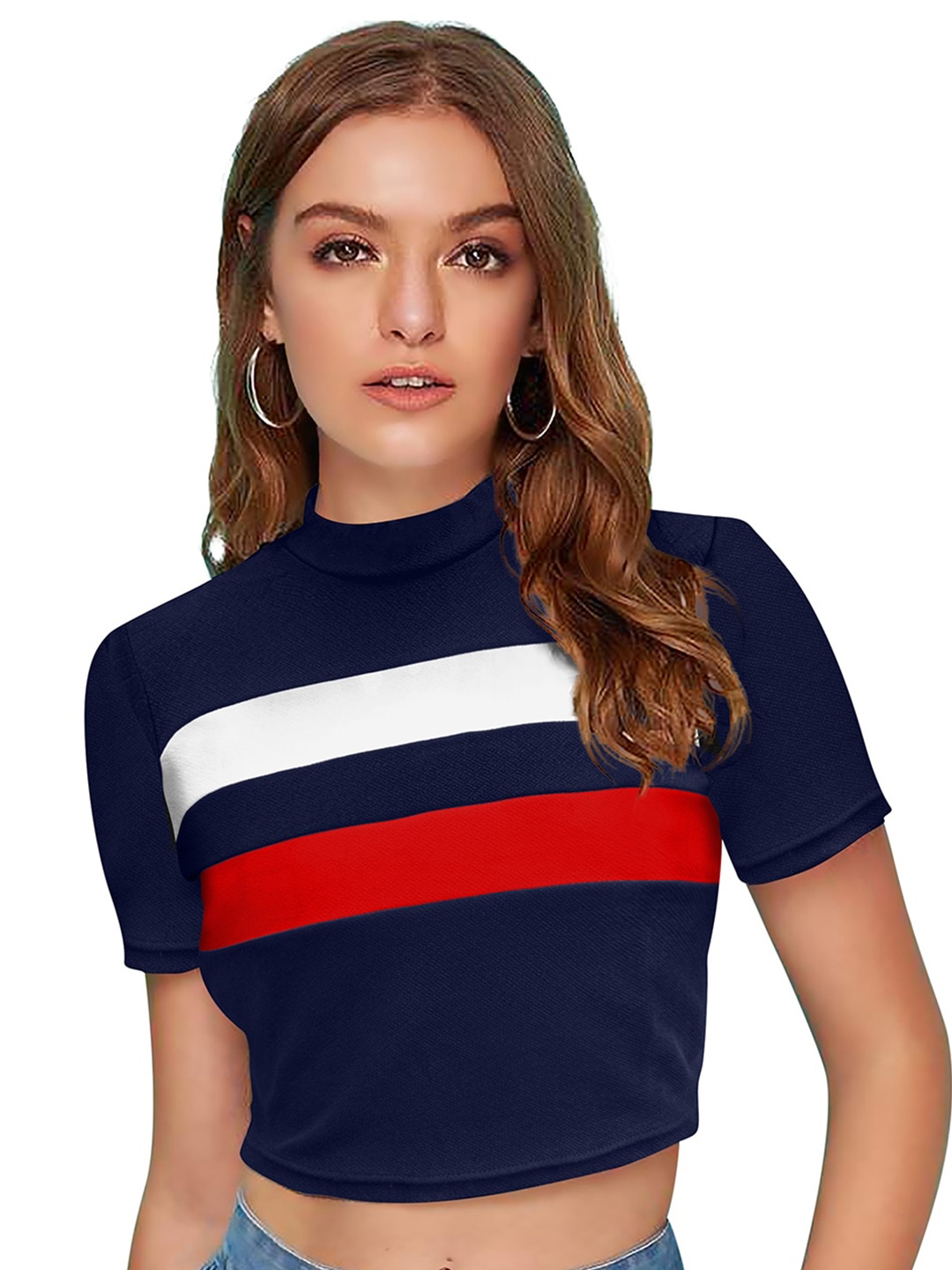 

BAESD High Neck Horizontal Striped Crop Top, Navy blue