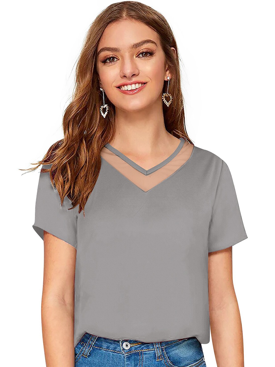 

BAESD V-Neck Net Detail Casual Top, Grey