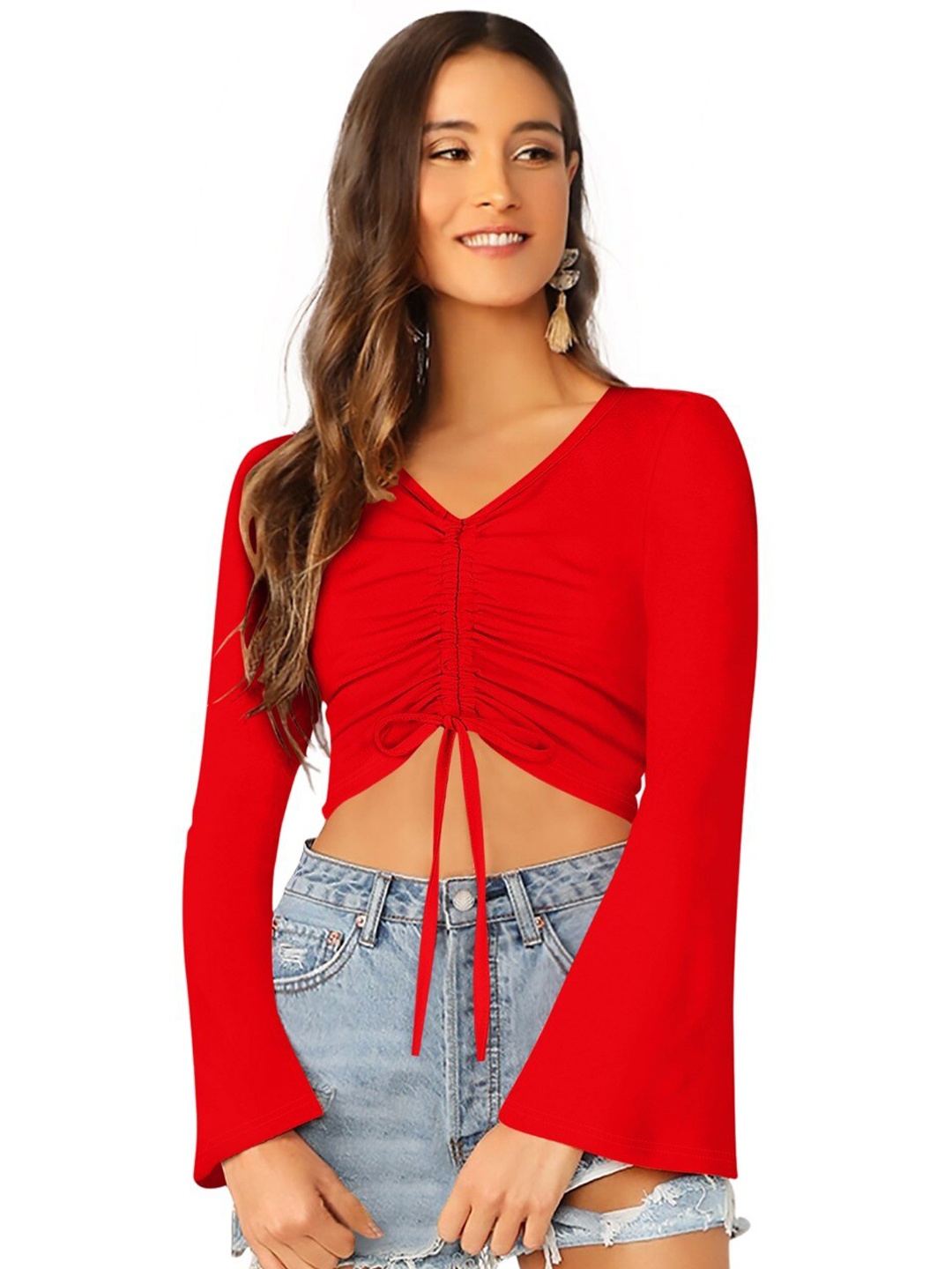 

BAESD V-Neck Flared Sleeves Ruched Crop Top, Red