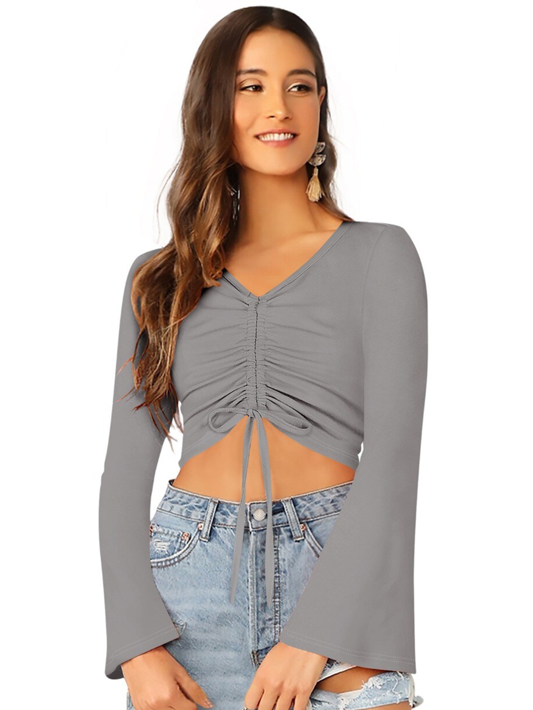 

BAESD Grey & greige Bell Sleeve Crop Top