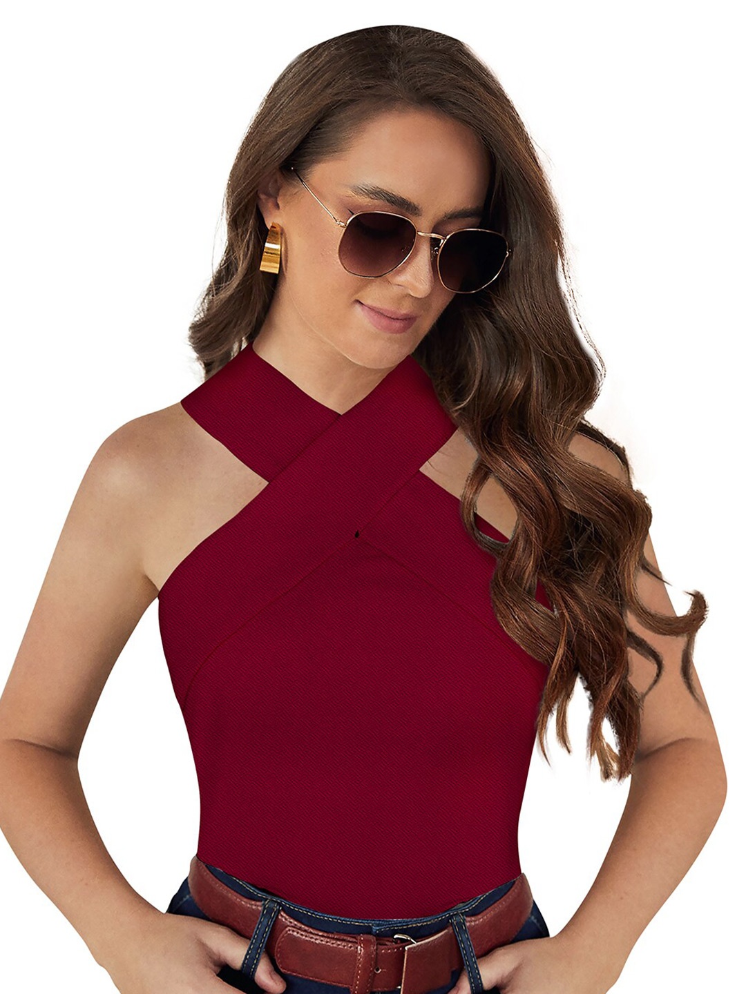 

BAESD Halter Neck Sleeveless Fitted Top, Maroon