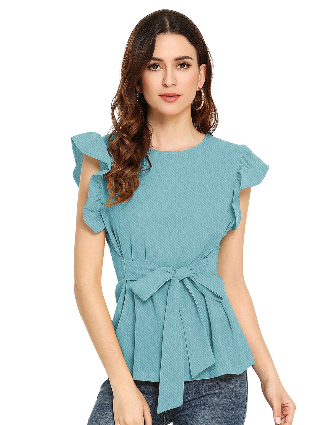 

BAESD Flutter Sleeves Tie Up Top, Blue